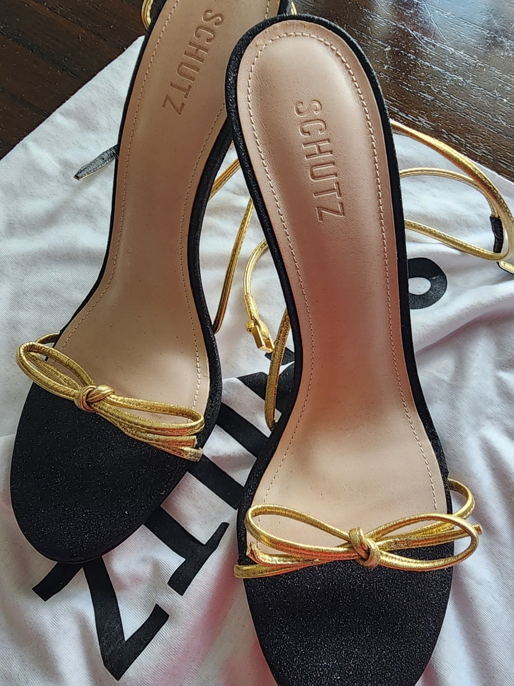 Schutz Black Heeled Sandals with Gold Bow and Ankle Tie - Picture 6 of 10